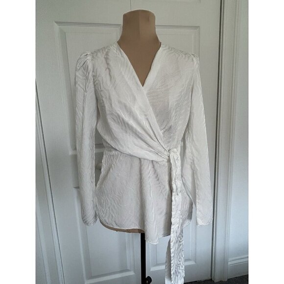 Jay Godfrey Hannah Wrap Top V-Neck Long Sleeve Jacquard Tie Front White Size 2 - Picture 1 of 9